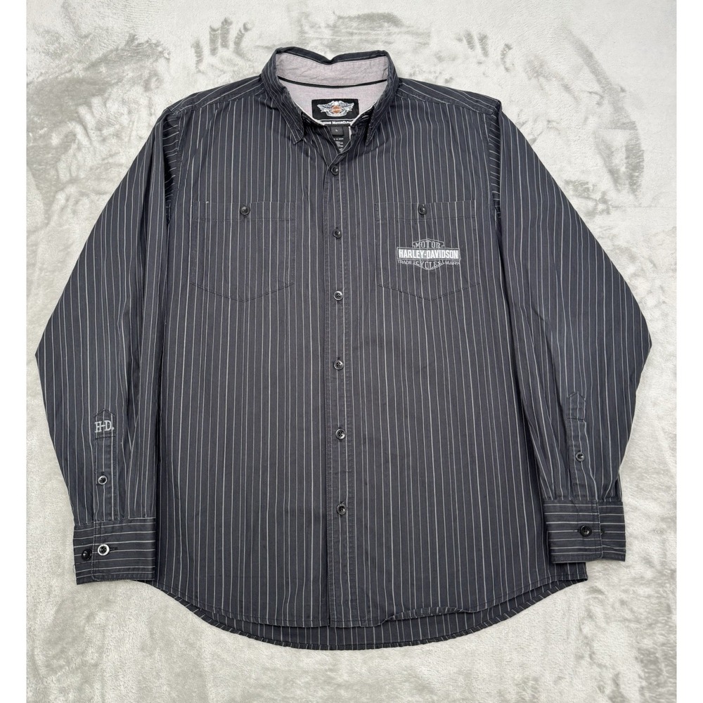 Harley Davidson Shirt Mens Large Black Button Down Stripe Mechanic Biker Y2K